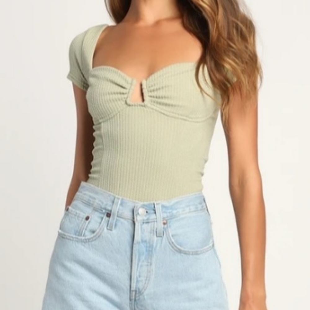 Lulu's Thriving Trend Sage Green Ribbed Cap Sleeve Bustier Bodysuit